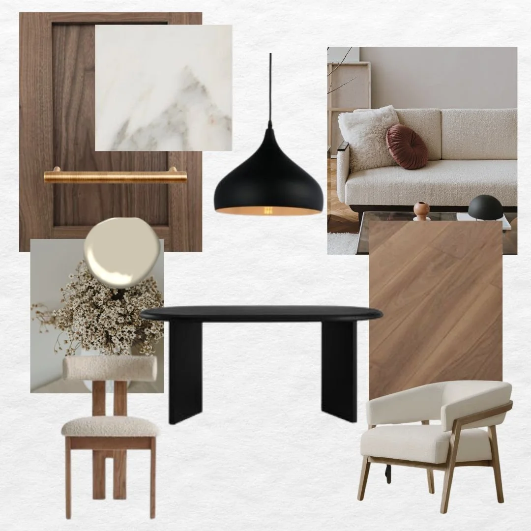 Mood board consisting of modern interior design elements including a beige sofa, black pendant light, wood textures, and upholstered chairs.