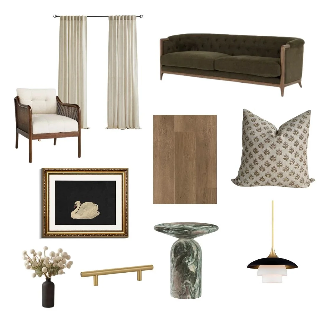 Transitional living room decor and items including a green sofa, white cushioned chair, beige curtains, decorative pillow, wood flooring sample, swan art print, marble side table, gold drawer handle, pendant light, and vase with decorative stems.