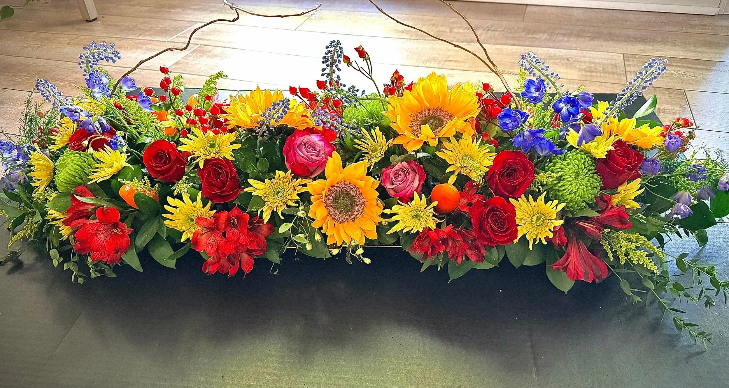 Vibrant Long and Low Table Arrangement