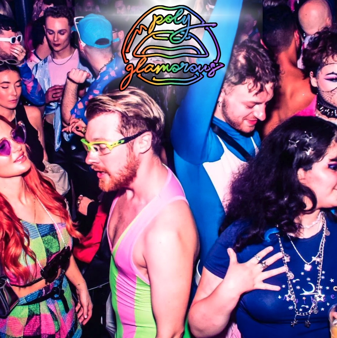 A group of people dancing and socializing at a colorful party with a neon sign that reads 'poly glamorous' at the top.