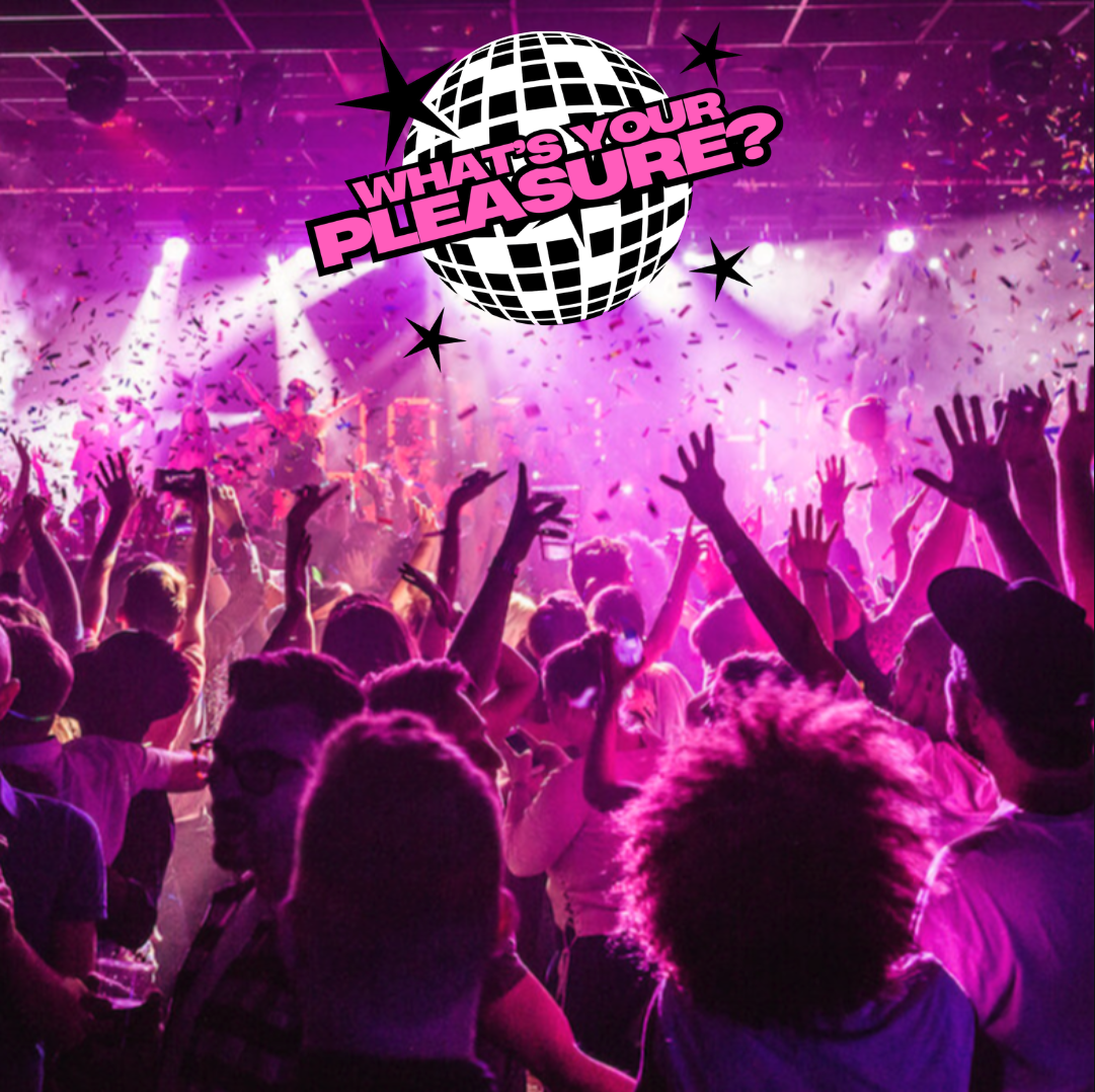 A lively concert scene with people dancing and raising their hands under purple and pink lights, with confetti falling from above. A graphic of a disco ball with the words 'What’s Your Pleasure?' is at the top.