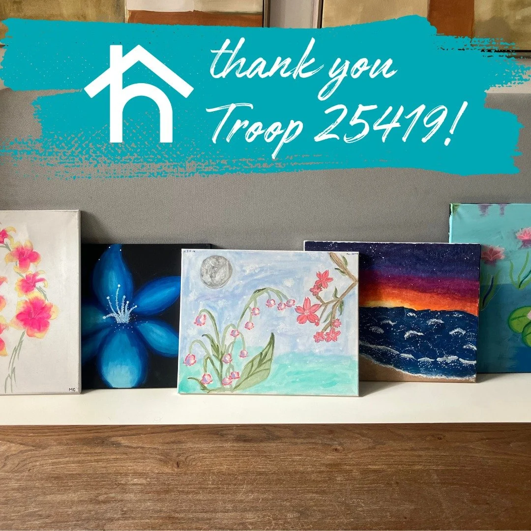 💛 A heartfelt thank you to the Girl Scouts of Troop 25419 and their leader, Lisa Clark, for these lovely paintings that will be used to decorate the homes of the families and children we serve. The vibrant colors and calming images will be beautiful