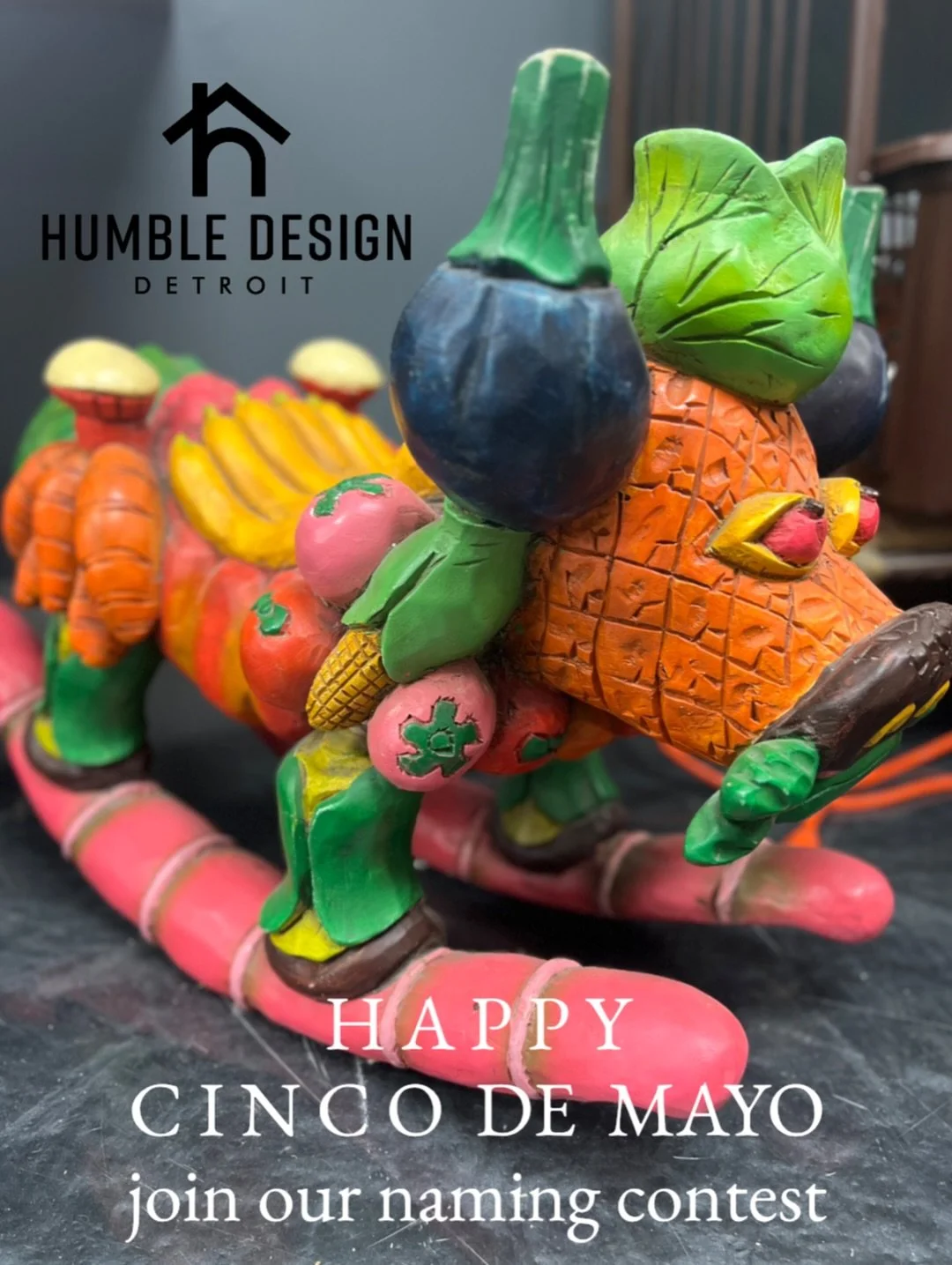 At Humble Design, we occasionally come across a rare or unique donated item&mdash;and this rocker is definitely one of them! ✨
He (or she!) has quickly become a bit of a mascot in our design room, just in time for Cinco de Mayo!  Now we need your hel
