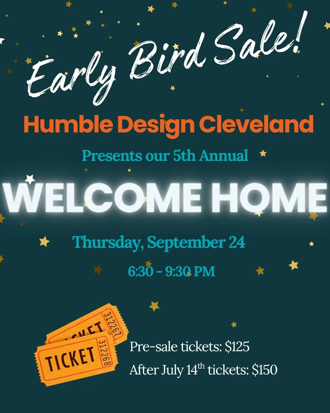 🗓Mark your calendar for our early bird ticket sales beginning June 15th!

You will have four weeks to purchase your ticket to Humble Design Cleveland's 5th Annual Welcome Home Fundraiser at a discounted rate. After July 14th, ticket prices will incr