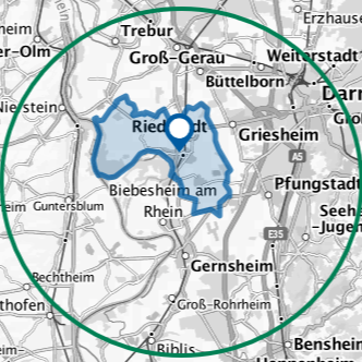 Hier sieht man den Umkreis meiner Einsatzort rund um Riedstadt in einem Umkreis von etwa 20 km in alle Richtungen.