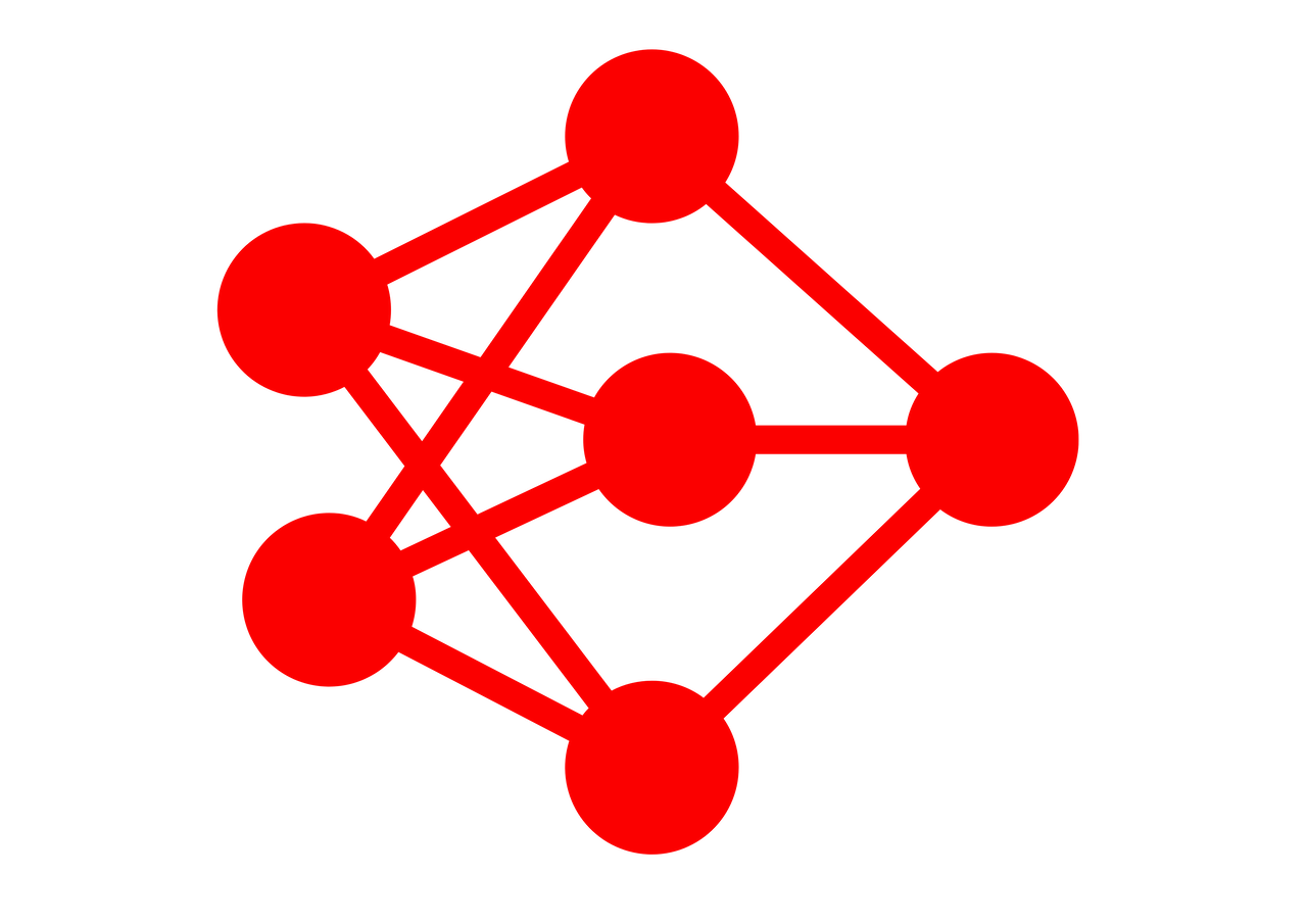 Icon of a digital out of home screen network with five red nodes connected by lines on a black background.