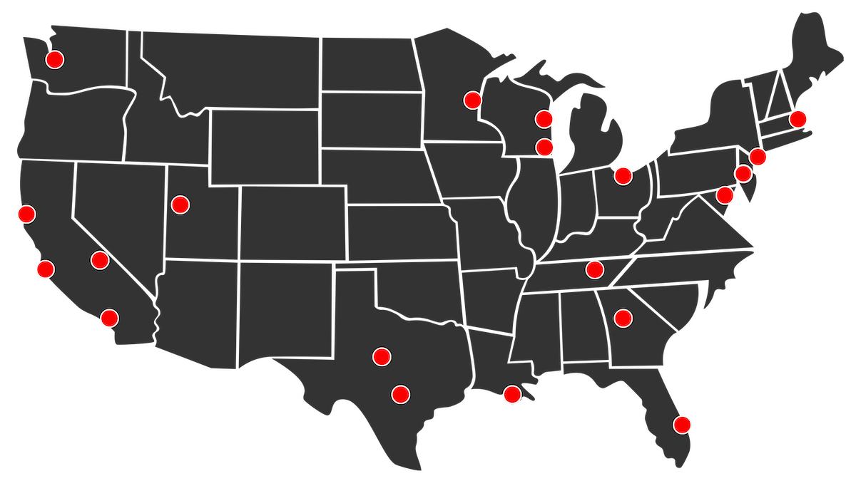 Map of the United States with red dots marking cities in specific states.