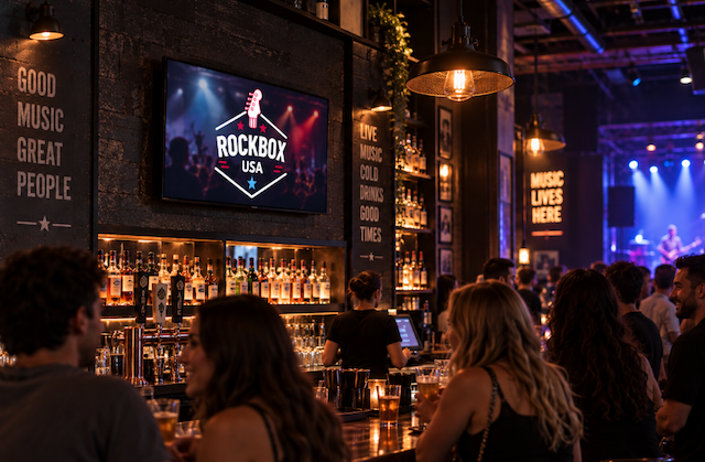 RockBox USA digital screen above the bar inside a busy independent live music venue