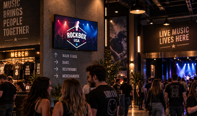 Rockbox USA digital screen in the entrance and circulation area of an independent live music venue