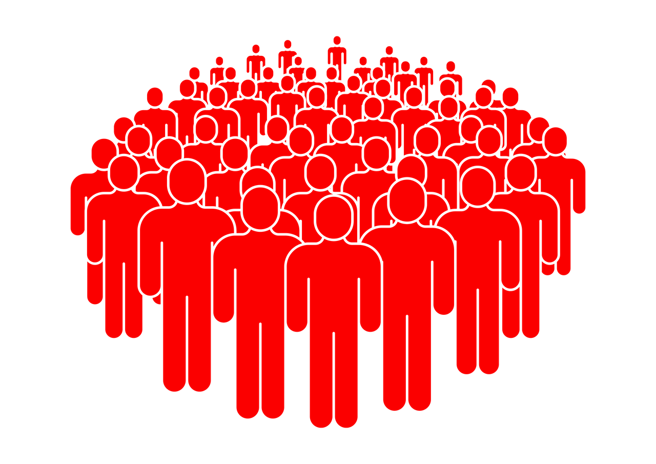 Illustration of a large group of red human figures standing together, representing a crowd.