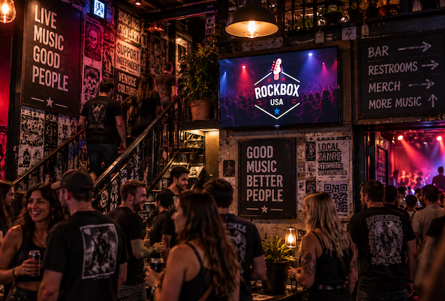 RockBox USA digital screen integrated into a busy independent live music venue interior