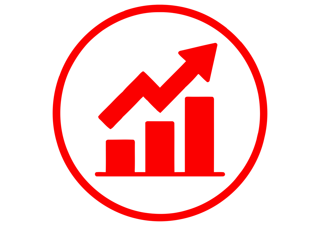 Red icon with upward trending arrow and bar graph inside a circle, symbolizing growth or increase.