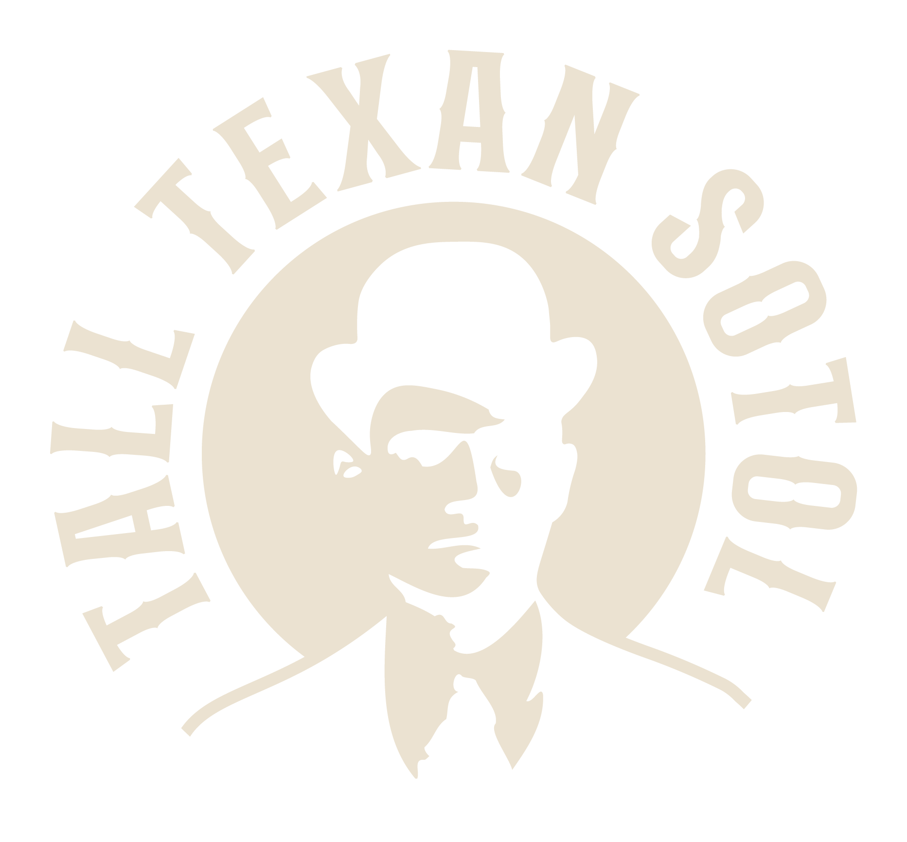 Logo with a silhouette of a man in a bowler hat and suit, with the text 'Tall Texan Sotol' surrounding the image.