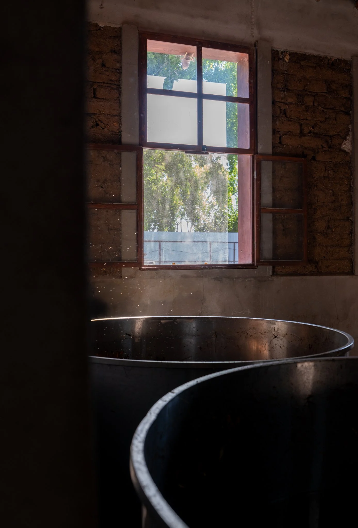 Open vat fermentation in front of a window with open wooden shutters, revealing trees outside in a rustic room with exposed brick walls.