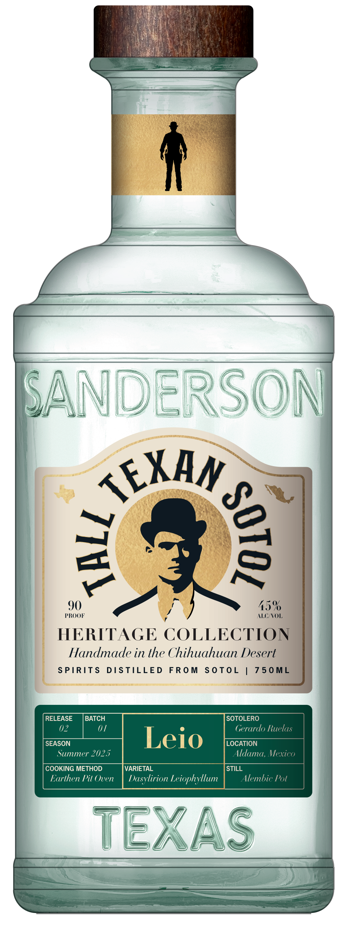 Illustration bottle labeled "Tall Texan Sotol Heritage Collection Leio" with a silhouette of a man in a hat on the front and text indicating it's handmade in the Chihuahan Desert.