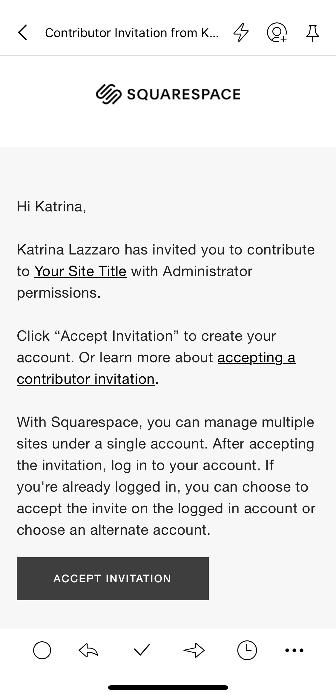 SquareSpace contributor invitation email with a black 'Accept Invitation' button.