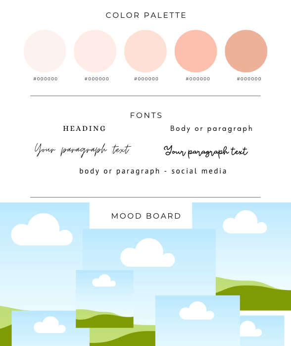 A design template showing a color palette with five shades of beige and brown, font styles for headings and body text, and a mood board section with images of sky and clouds on a green landscape background.