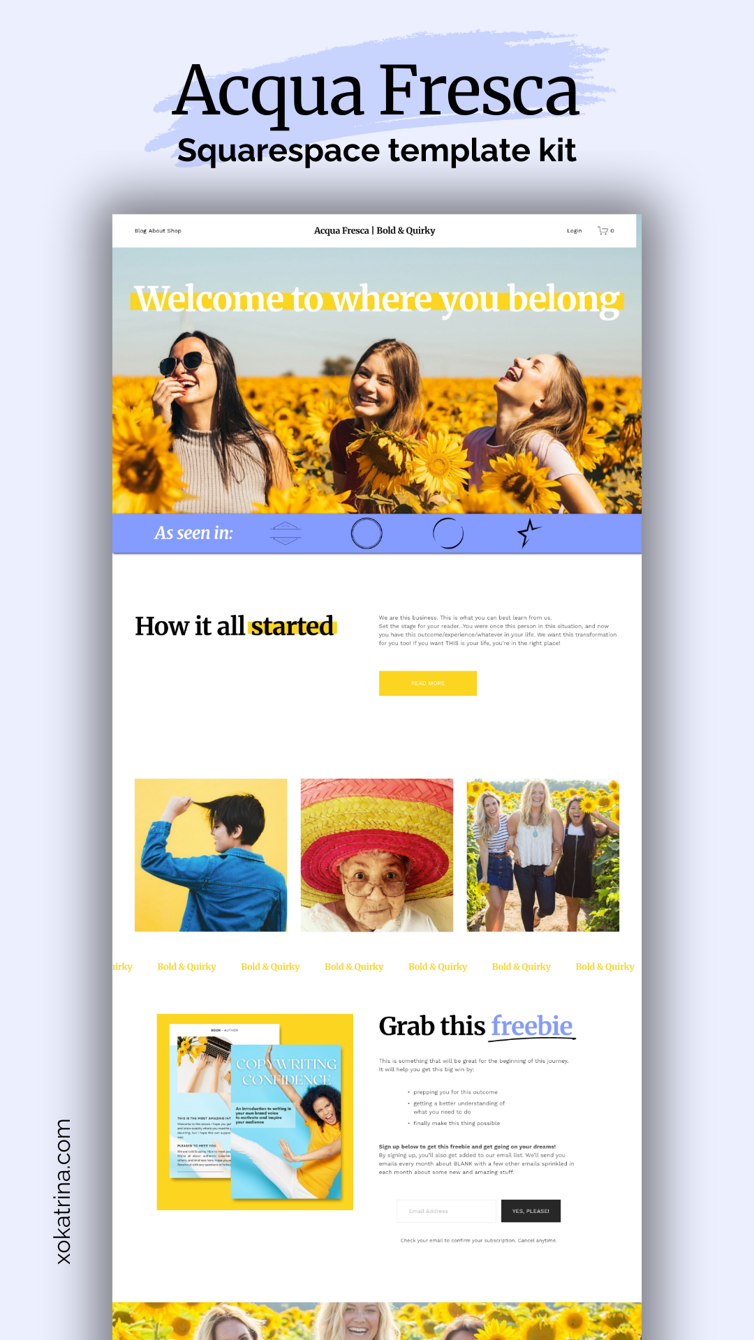 A Squarespace website template called 'Acqua Fresca' featuring a colorful layout with photos of smiling women in a sunflower field, bold yellow and black text, and a freebie offer with a sign-up form.