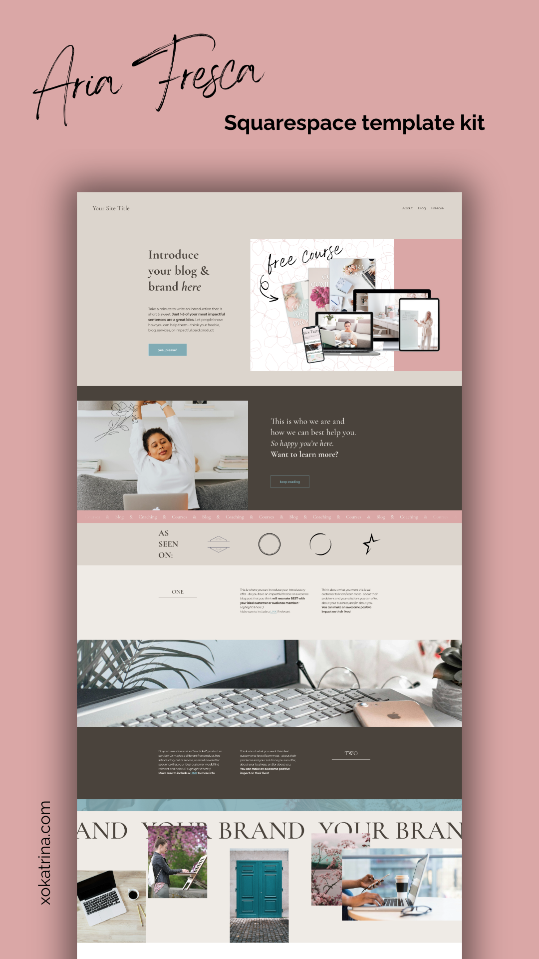 A website template titled 'Aria F Squarespace template kit' displayed on a mockup. The template features sections for introducing a blog and brand, showcasing images of a woman stretching, illustrations, and photos of technology and a door, with a pink and neutral color scheme.