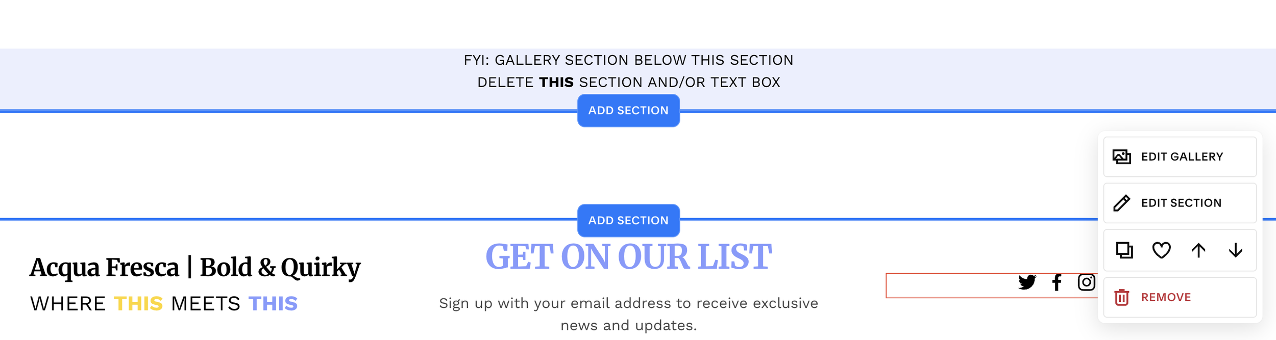 Screenshot of a website builder with blue section headers and buttons to add or edit sections, featuring a header 'Acqua Fresca | Bold & Quirky' and text 'WHERE THIS MEETS THIS', with social media icons for Twitter, Facebook, and Instagram.