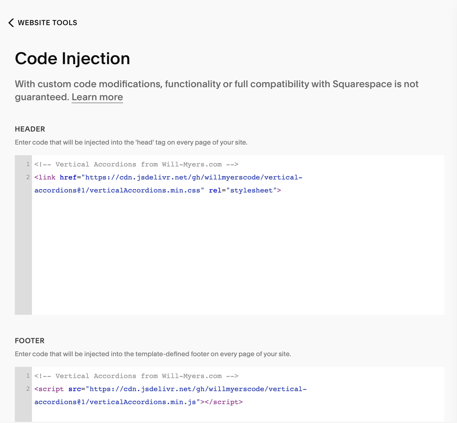 A webpage displaying code injection options for adding vertical accordions, including sections for header and footer code with HTML and JavaScript snippets.