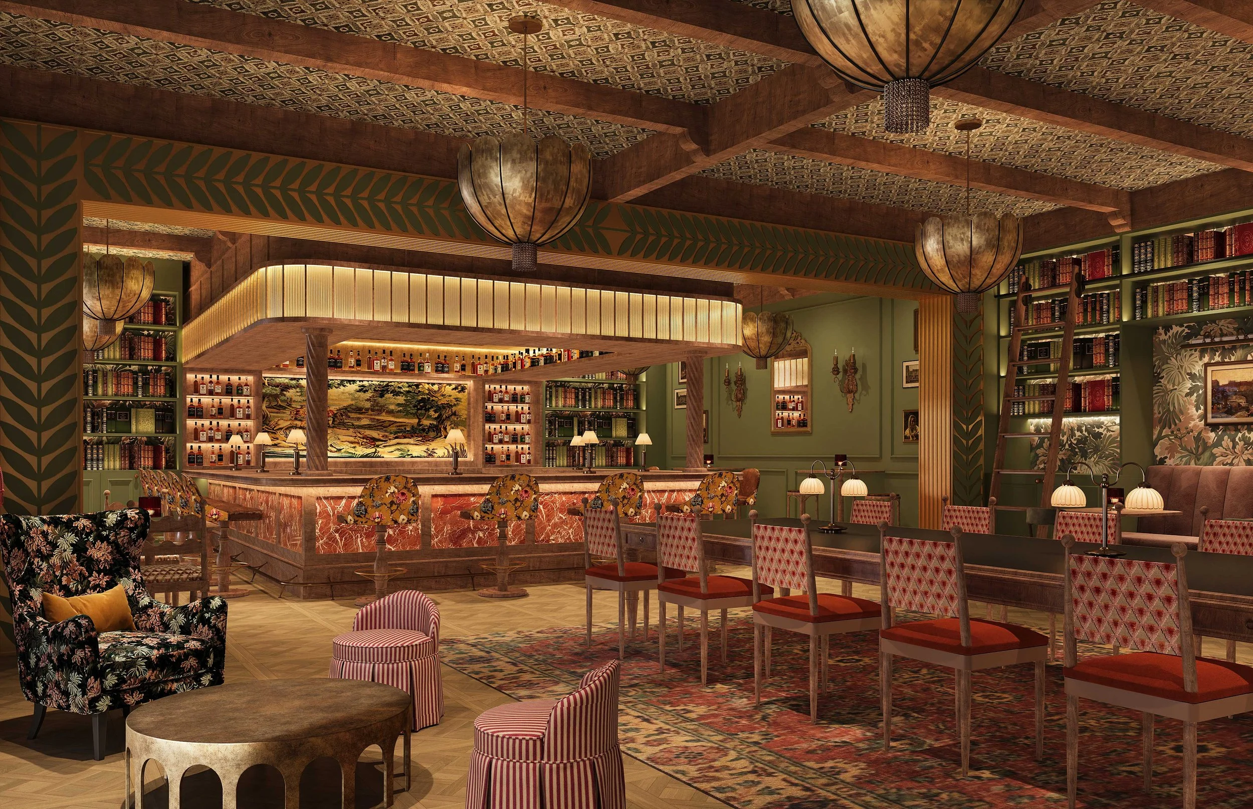 Interior of a stylish bar with vintage decor, featuring a marble counter, upholstered chairs, bookshelves, patterned ceiling, and ambient lighting.