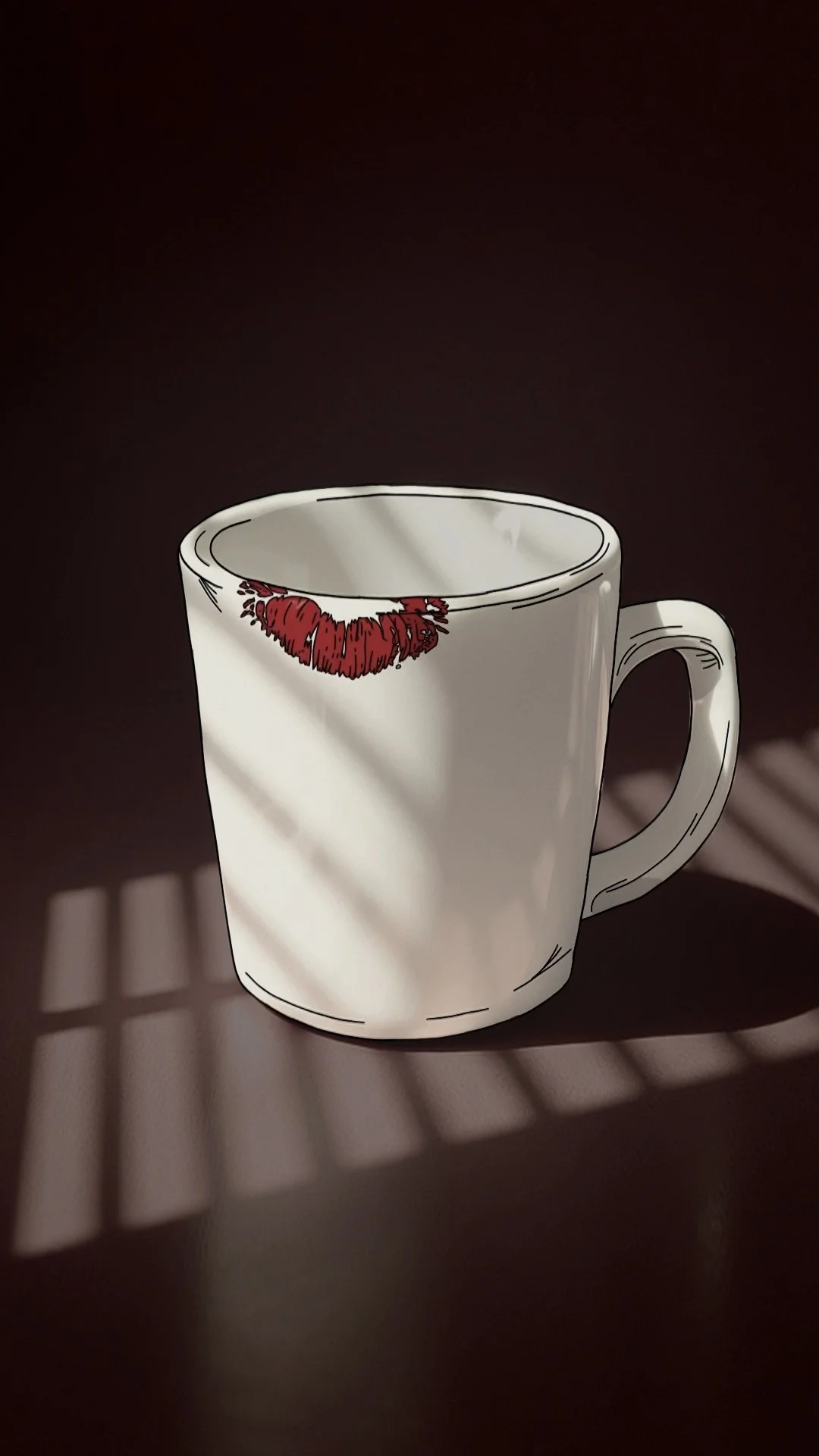 Weiße Kaffeetasse mit rotem Lippenstift-Abdruck, auf einem dunklen Tisch, Schatten und Lichtmuster auf der Oberfläche.