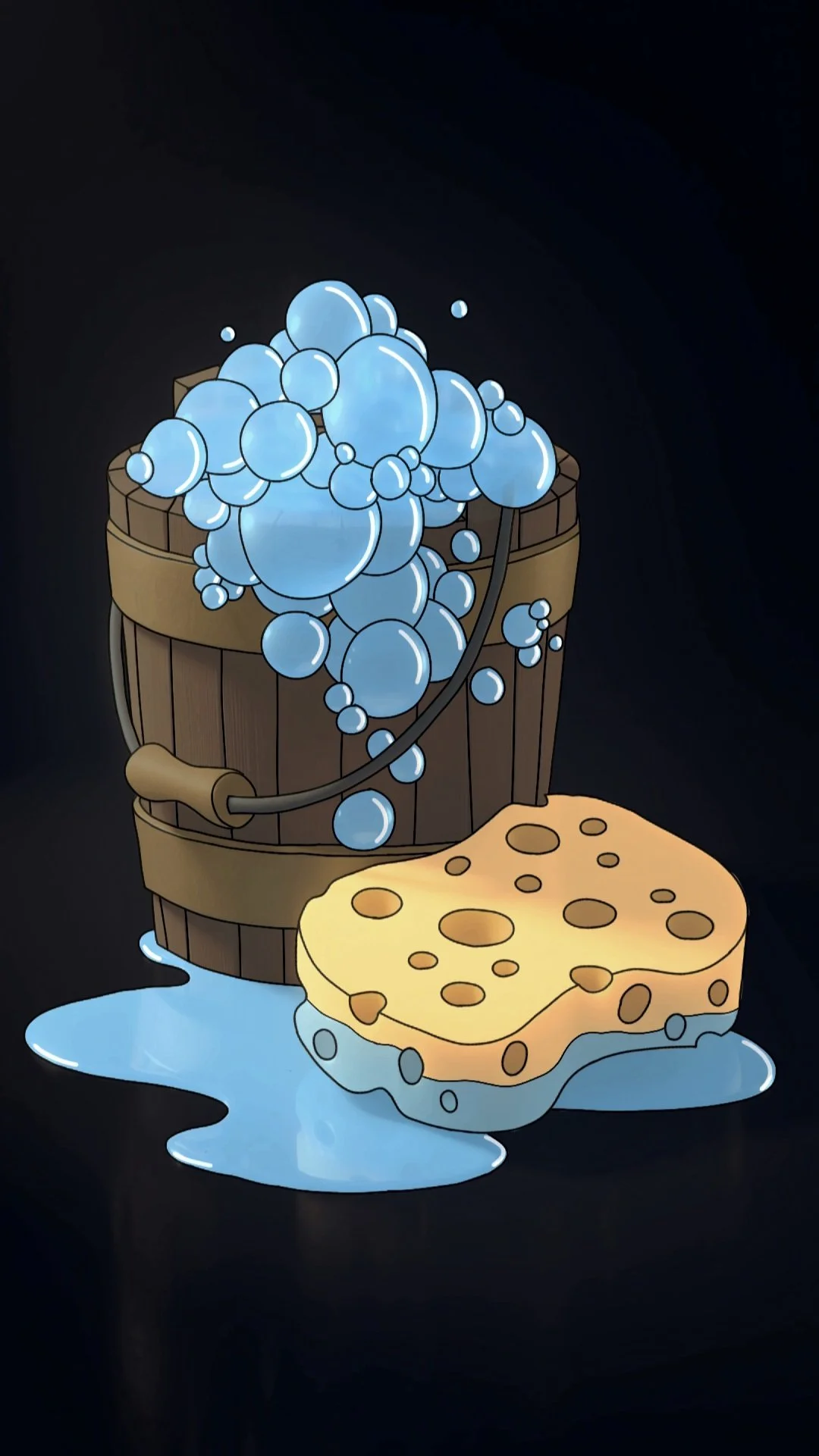 Illustration eines Holzeimers voll Seifenwasser und einem Schwamm auf schwarzem Hintergrund.