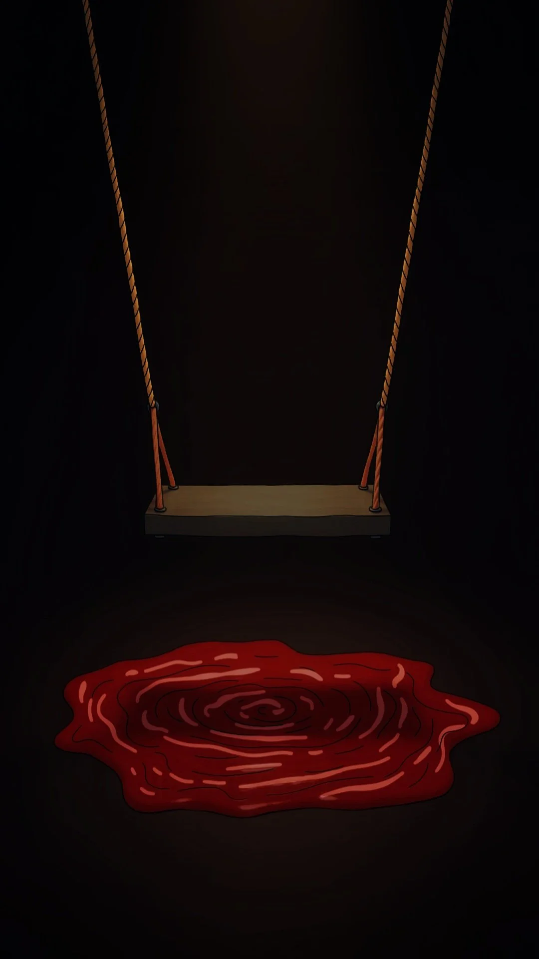 Eine dunkle Szene mit einer schwingenden Schaubel über einer Pfütze aus Blut.