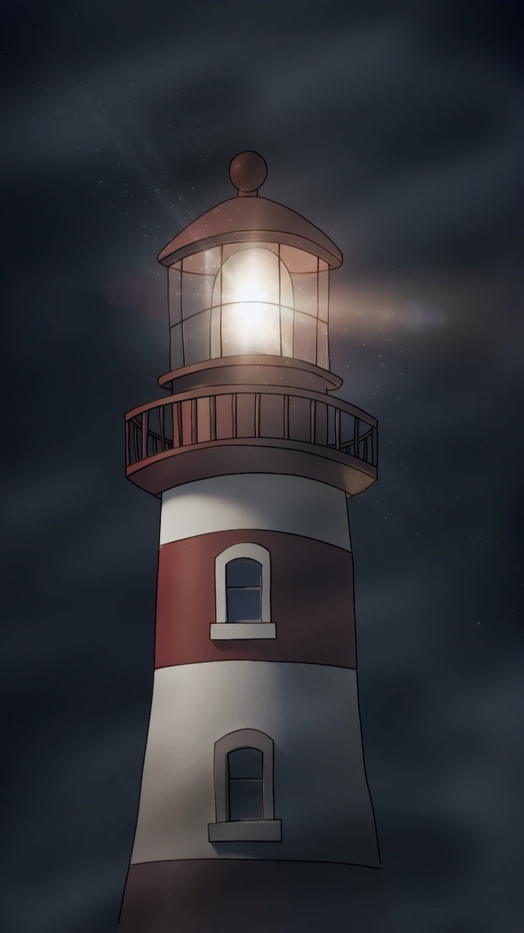 Illustration eines Leuchtturms bei Nacht, mit dunklen Wolken im Himmel und einem leuchtenden Licht an der Spitze.