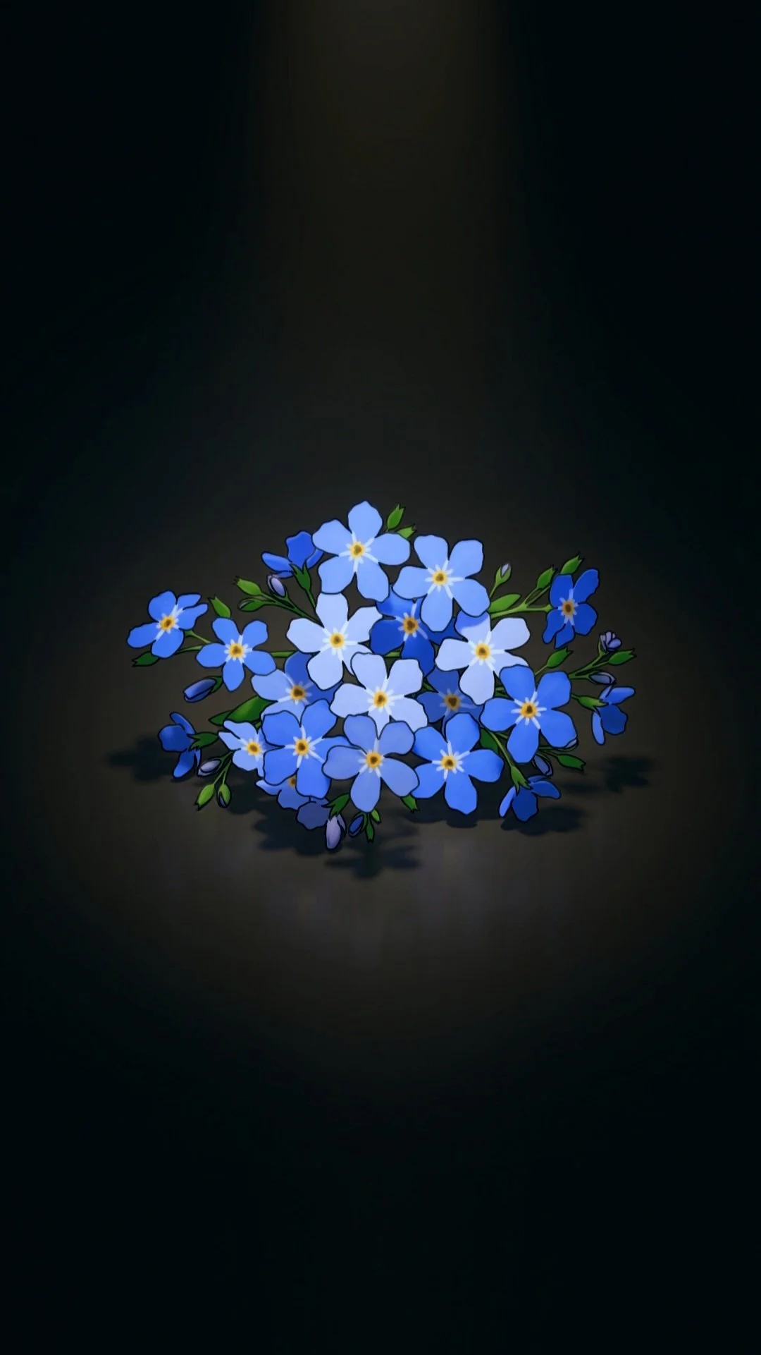 Blaue Vergissmeinnicht-Blumen auf dunklem Hintergrund.