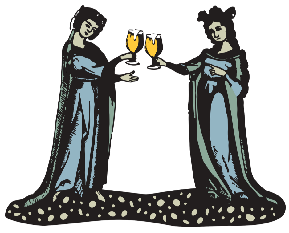 two medieval women clinking beer glasses as an illustration image for Noble Twist Taphouse, best beer and pizza in Saugatuck