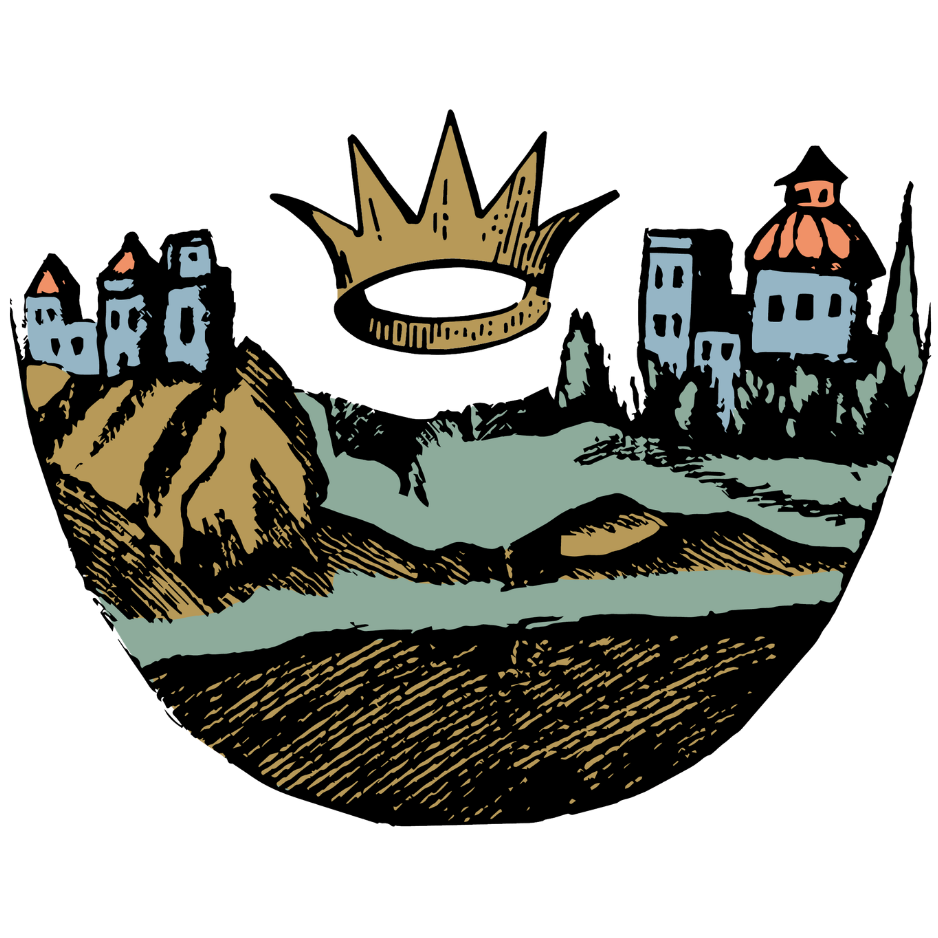 A hand holding a stylized cityscape with buildings, trees, and a sun in the background. This is a brand image for Noble Twist Taphouse that serves the best pizza in Saugatuck, MI, house-made beer, local cocktails, and from-scratch food.