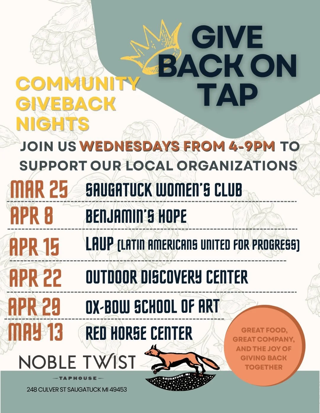 Flyer for community giveback nights with weekly dates, locations, and supporting organizations, including LAUP, The Outdoor Discovery Center (ODC), Community Action House and Benjamin's Hope in Holland, Mi.
