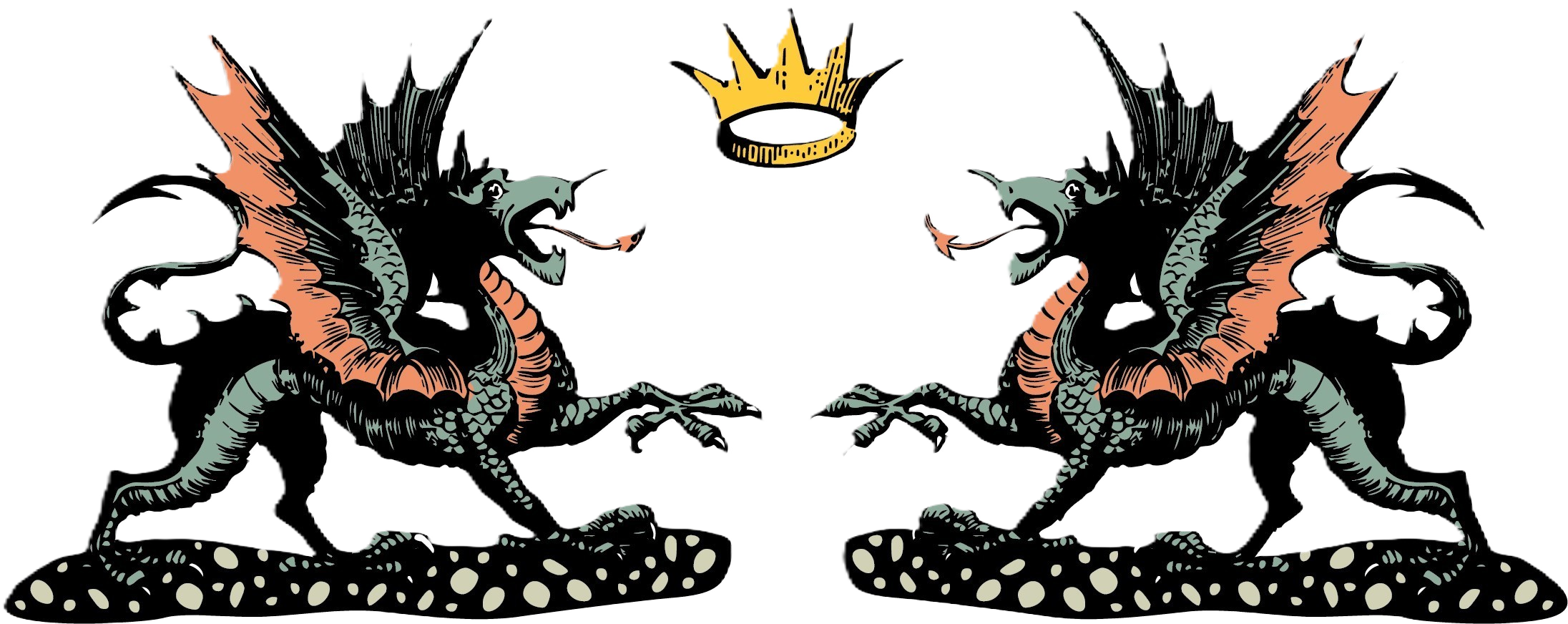 A symmetrical illustration of two fierce dragons facing each other, mounted on dotted bases, with a yellow horizontal bar between them and a gold crown floating above.