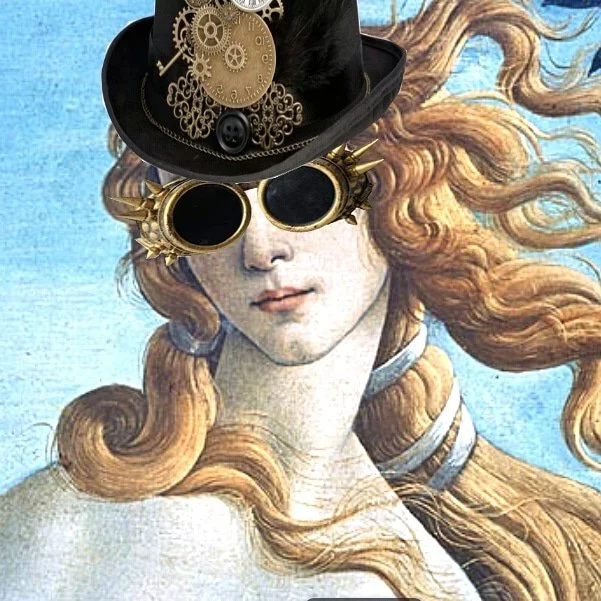 Collage in which the painting of Venus de Milo wears a tophat with steam-pink gears and steam-punk goggles.