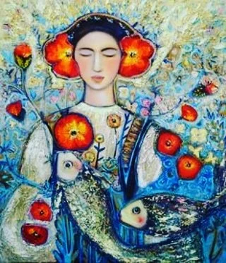 Detail of a larger mural showing a figure with dark hair and eyes closed suurounded by blue fish and red poppies.