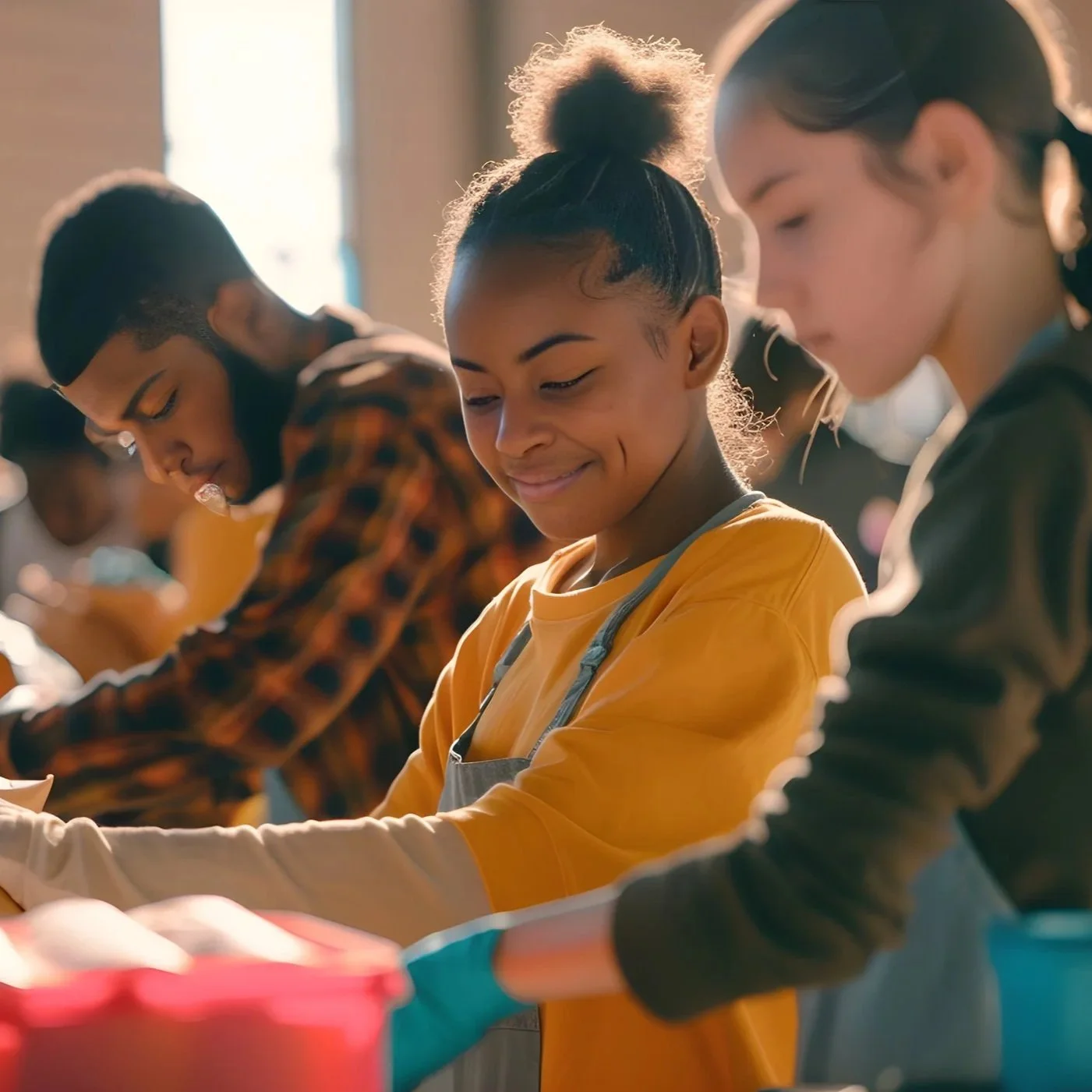 A diverse group of young girls working together on a craft project, wearing aprons in a well-lit classroom.