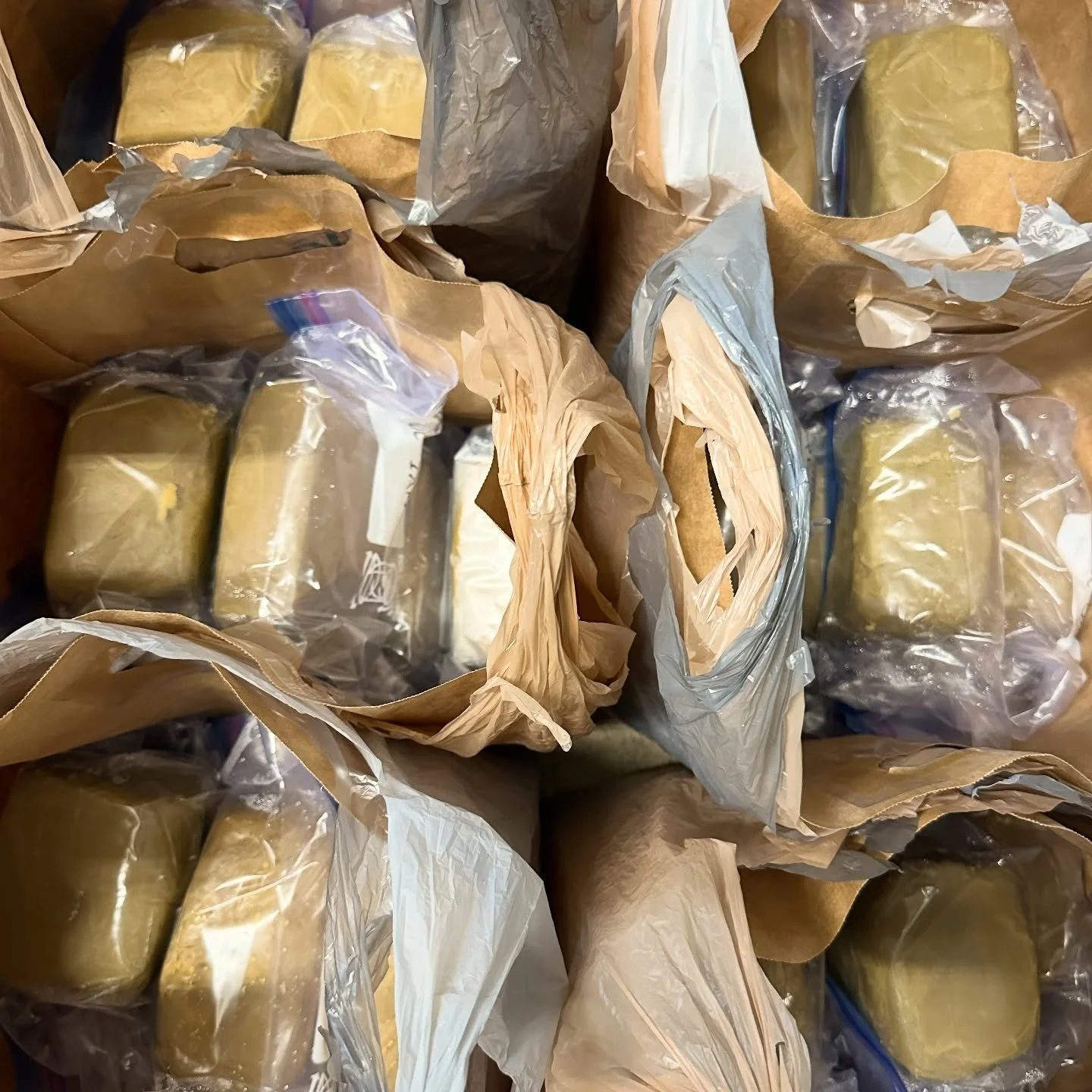 It might not look like much, but this is 120 lbs of clay (the result of 3.5 months of processing as part of my NACF LIFT project). Each bag has a different temper mixed in at different ratios as I work to test alternatives to our traditional pan clay