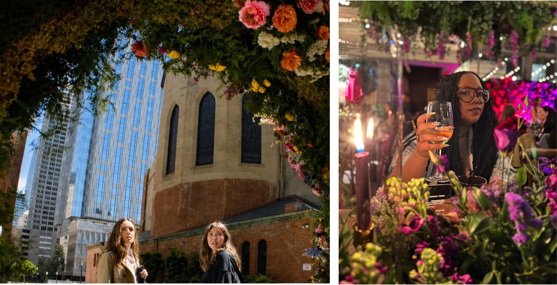 Two women in an urban outdoor setting with tall buildings and a church with stained glass windows, under a floral archway. One woman is holding a drink, surrounded by colorful flowers, with a festive atmosphere including hanging lights and flowers in the background.