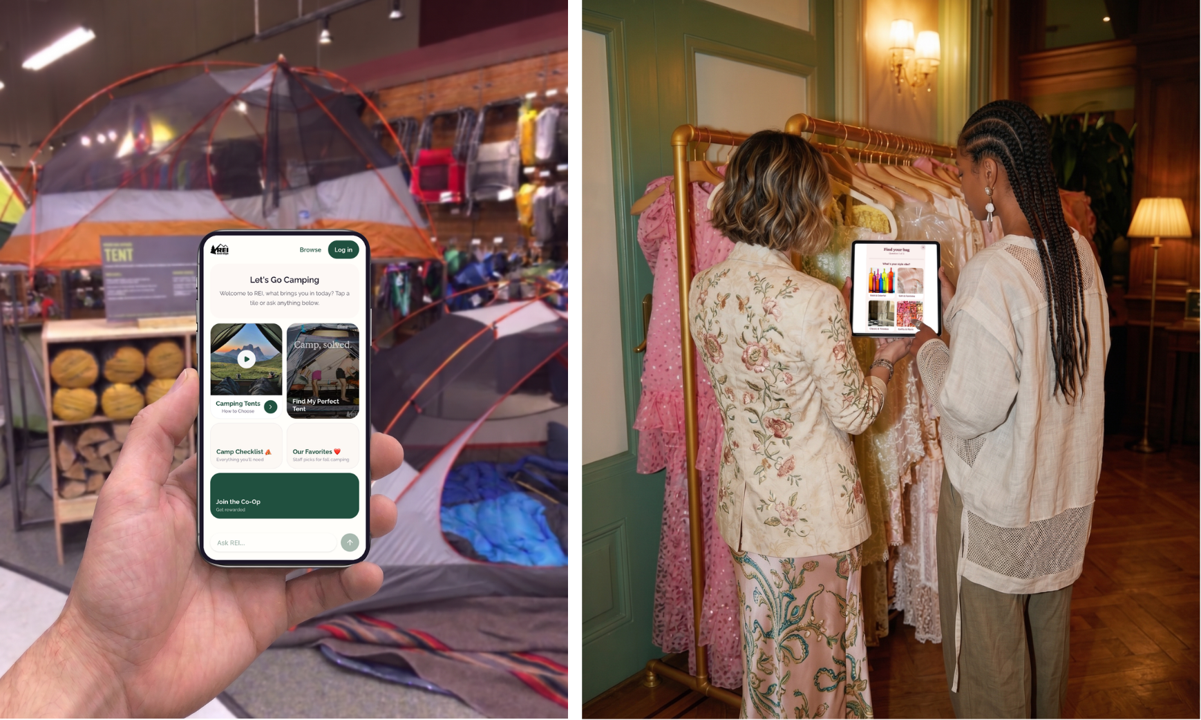 A person holds a smartphone showing a camping-themed app in front of outdoor camping tents in a store, while two women browse clothing on a rack with a tablet in hand in a boutique store.