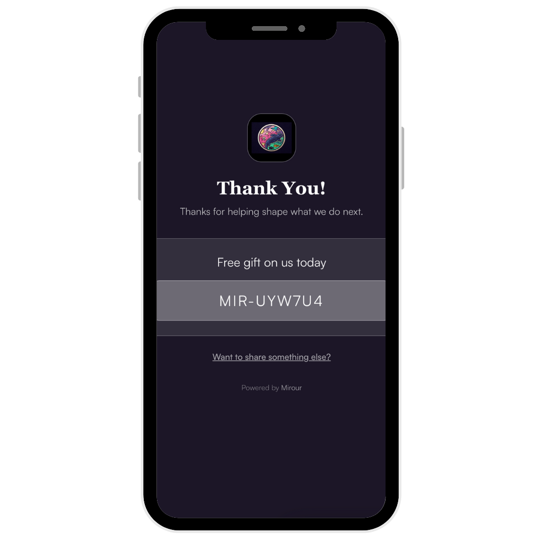 A smartphone screen displaying a thank you message from an app, with a small app icon at the top, a gratitude message, a free gift code, and a link to share.