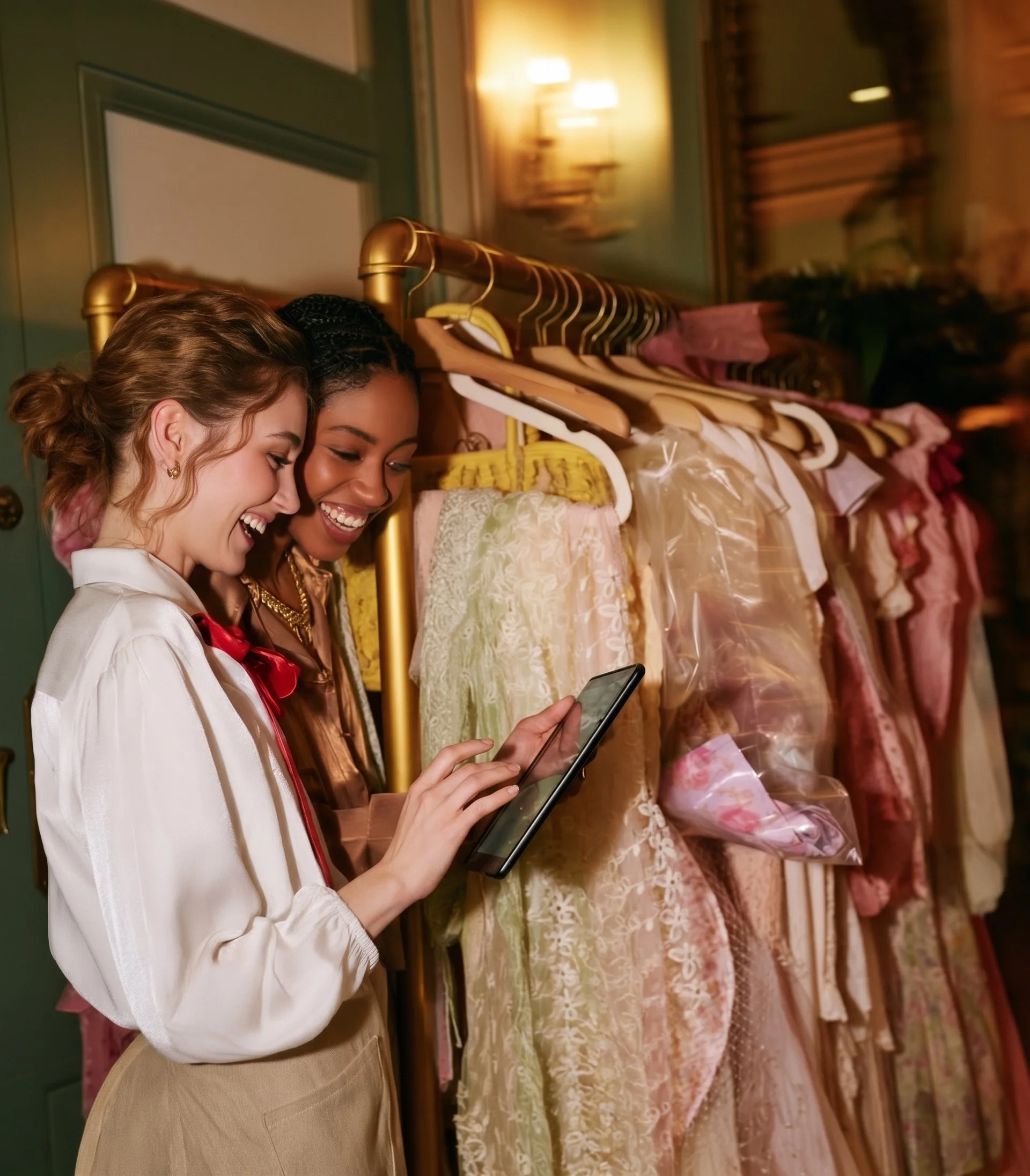 Two women smiling and looking at a smartphone in a clothing store with dresses on a rack behind them.