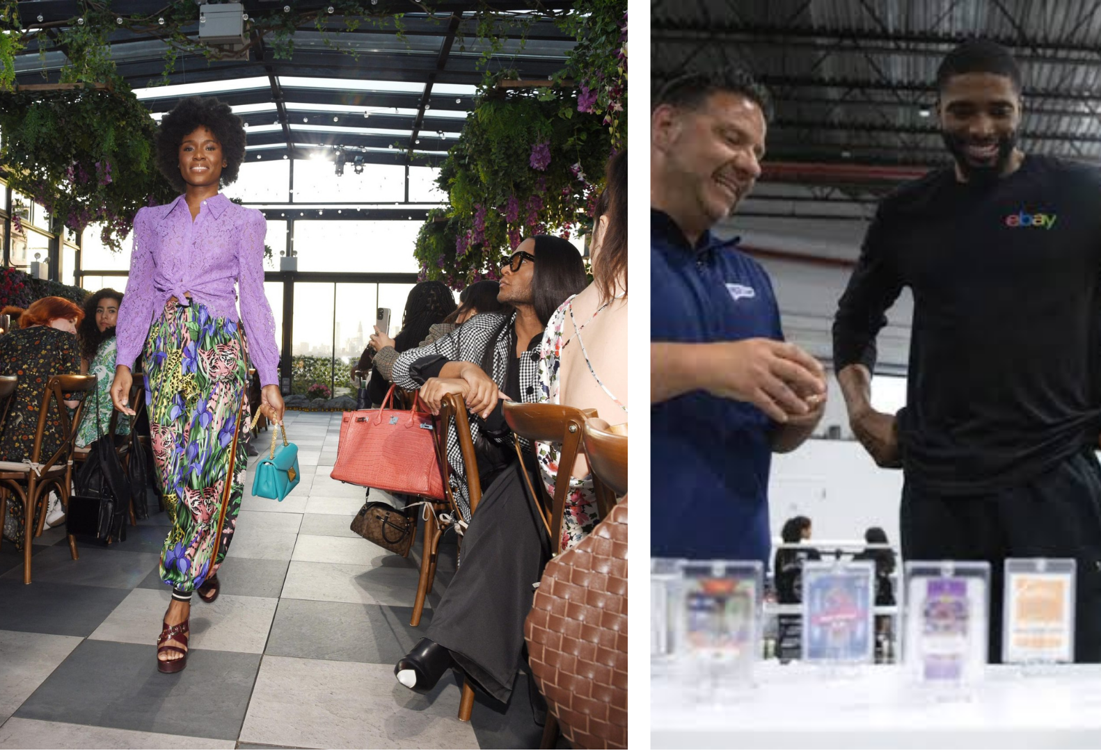 A woman in a purple blouse and colorful printed pants walking past seated people in a greenhouse-like setting, and two men in casual apparel engaging in a handshake or conversation inside a commercial or retail space.