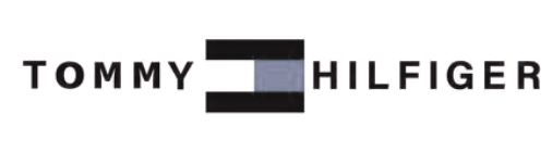 Close-up of the Tommy Hilfiger logo on a black background with the brand name in uppercase letters and a small rectangular flag emblem in the middle.