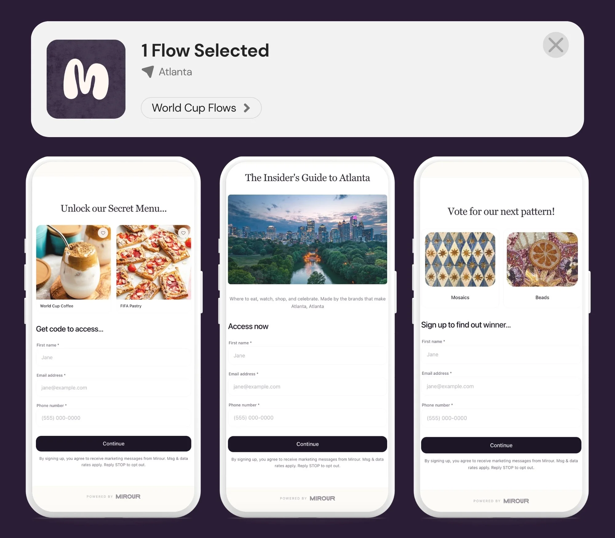 Mobile app screens showing a flow for a contest or giveaway, including options to unlock a secret menu, view a guide to Atlanta, and vote for a pattern, with sign-up forms and continuation buttons.