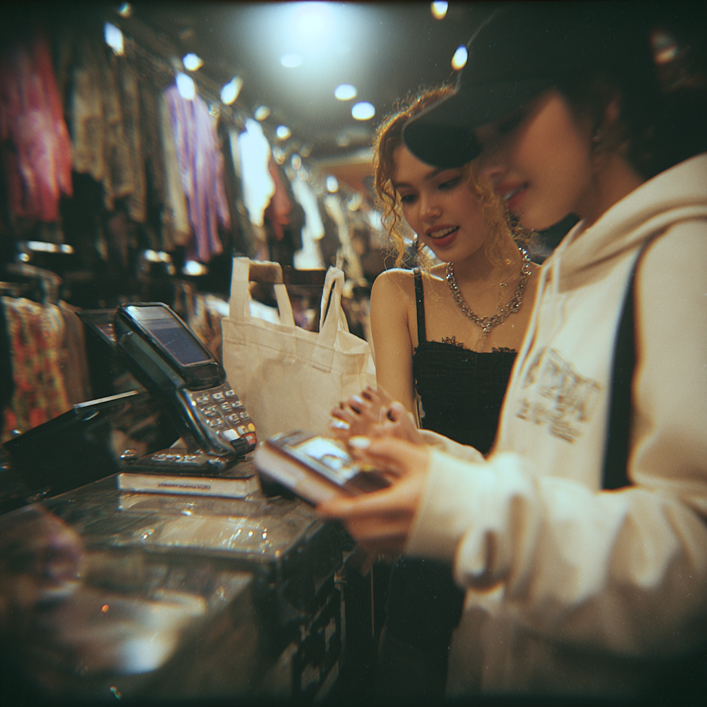 Two young women at store checkout, one with curly red hair in a black top and the other in a beige hoodie and cap, both looking at a smartphone together.