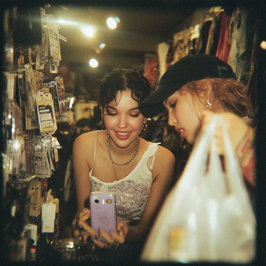 Two young women are shopping in a store, looking at a phone together filling out a customer service survey, smiling, with shelves of various products in the background.