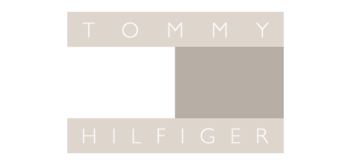 Logo of Tommy Hilfiger with beige background, white and gray sections, and large outlined text reading "TOMMY" at the top and "HILFIGER" at the bottom.