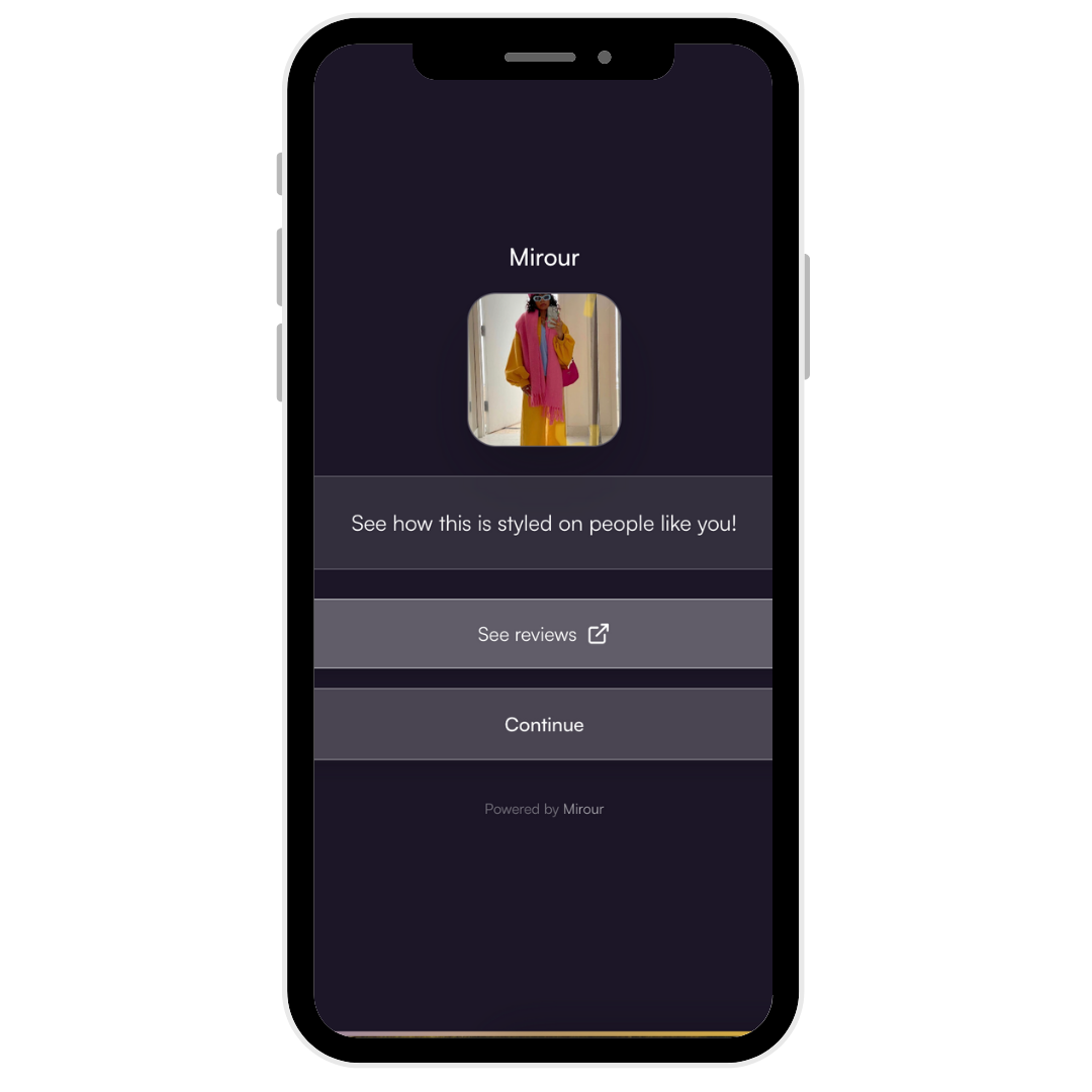 A smartphone screen displaying the Mirour app interface, showing a profile picture of a person in colorful clothing, with options to see how the style is on similar people, view reviews, and continue.